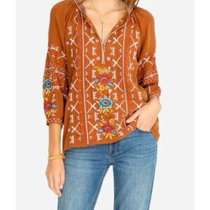 Johnny Was Workshop Silk Blouse Womens Size M Brown Embroidered Tunic Colorful